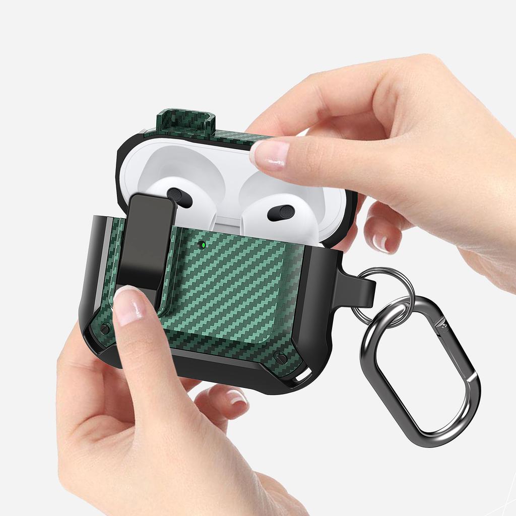For AirPods 4 Bluetooth-compatible Earphone Cover Carbon Fiber Texture TPU+PC Anti-Drop Case with Buckle
