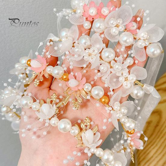 Stirnband für Mädchen, lang, transparentes Band, verstellbar, Kunstperlen-Dekoration, Prinzessinnen-Blumenmuster, Kopfschmuck für Hochzeit, Party, Haar-Accessoires, Geburtstagsgeschenk