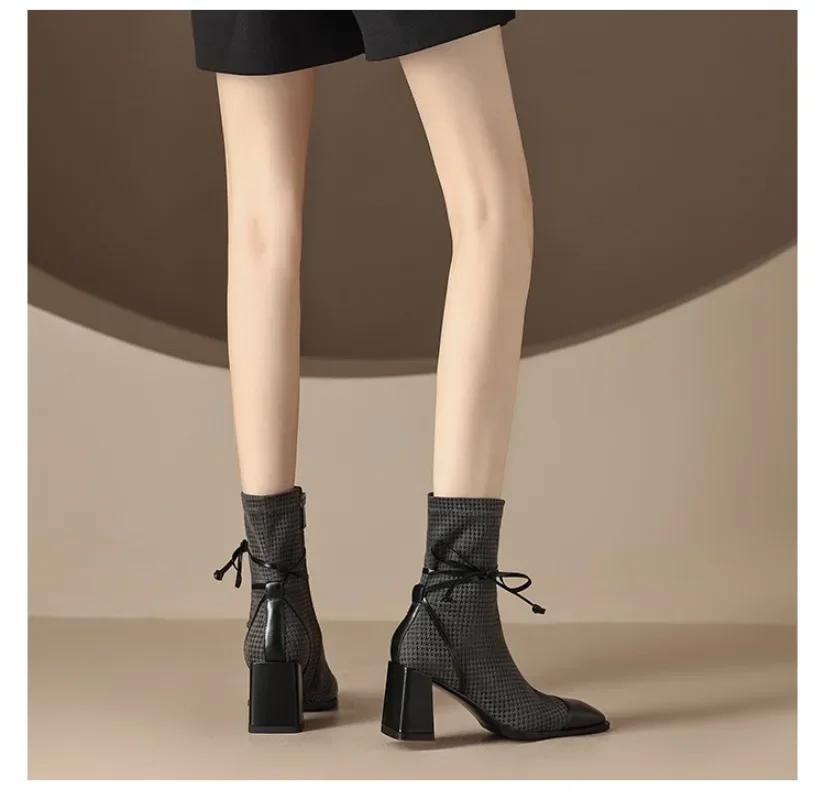 Móda 2024 Nové síťované dámské boty Špičaté kotníkové boty pro ženy Zimní zip Kancelářské podpatky Módní mašle Šněrovací Párty Dámské boty