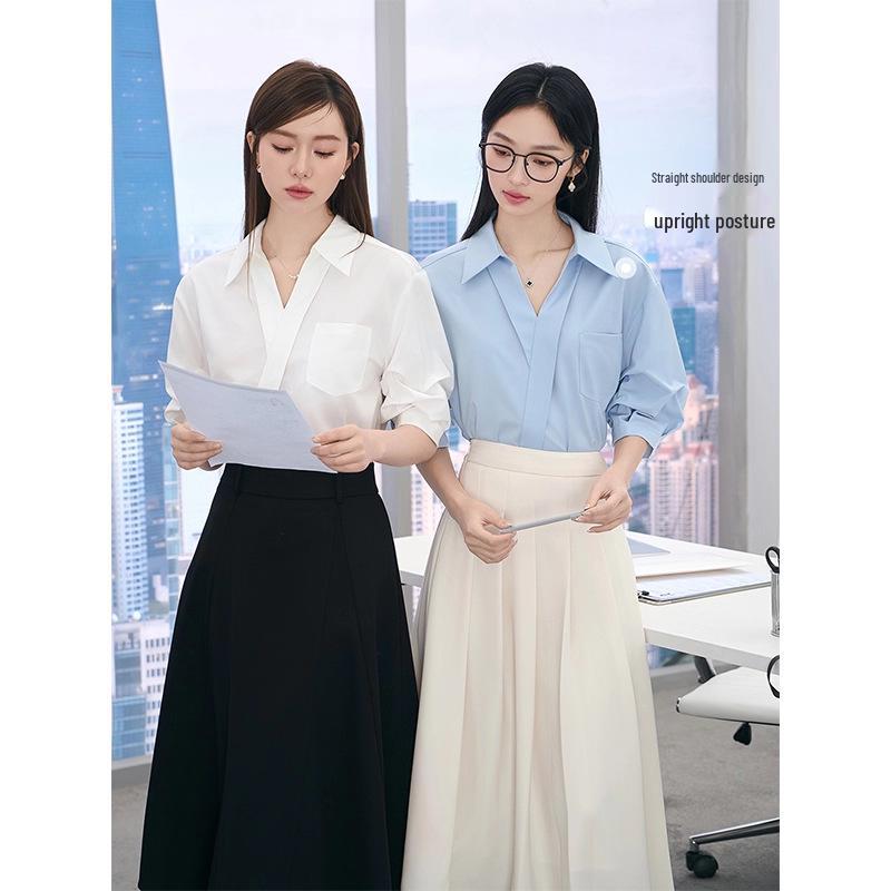 Women's Elegant V-Neck Lapel White Short-Sleeve Shirt, Chic Summer Style, Unique Design