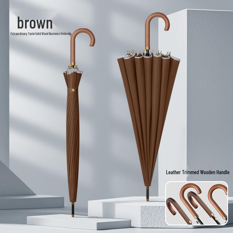 Men's Extra Large 24-Rib Solid Color Business Umbrella with Wooden Handle and Logo Print