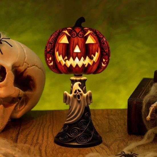Pumpkin Night Light Halloween Horror Skeleton Ghost Witch Pumpkin Lantern Resin LED Tabletop Lamp for Gothic Room Desk Decorr