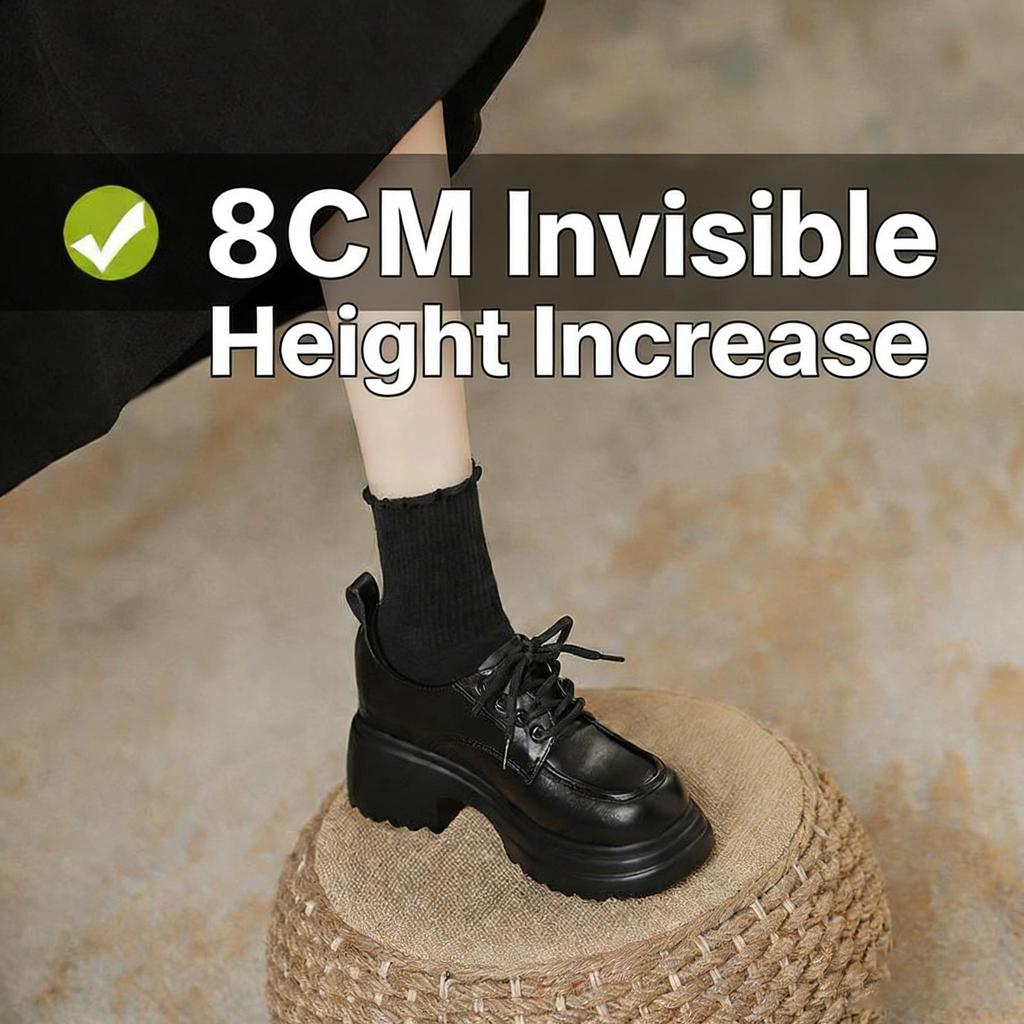 Women Inner Height Increasing Leather Shoes 8CM Hidden Heel Platform Lace Up Loafers Spring New Arrival