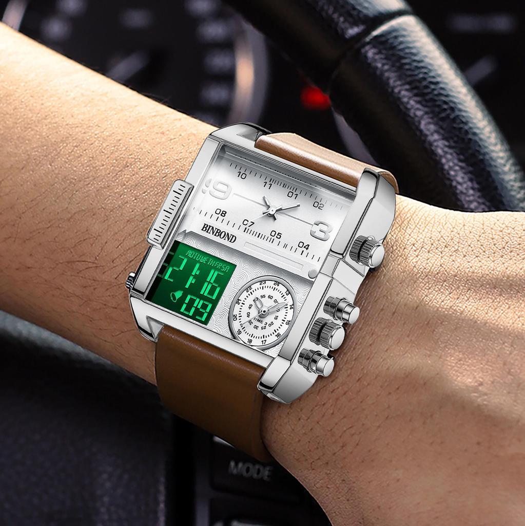 Binbang Fashion Men's Domineering Quartz Watch with Large Square Dial and Triple Display