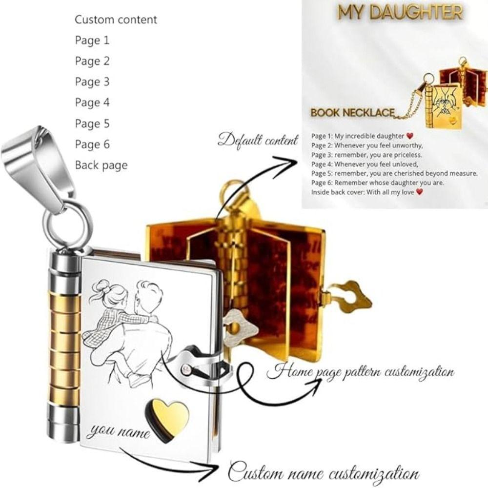 Openable Daughter Book Necklace Stainless Steel Gold Color Message Mini Book Pendant Necklace with Pages of Engraved Information