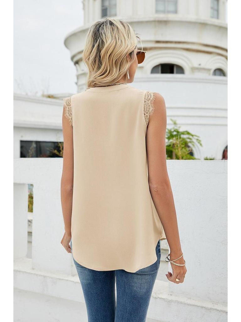 European & American Women's Fashion: Spring/Summer Solid Color V-Neck Sleeveless Shirt with Lace Trim