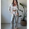 European and American cross-border women's suit 2024 new spring and summer fashion positioning printed long-sleeved top wide-leg pants two-piece set