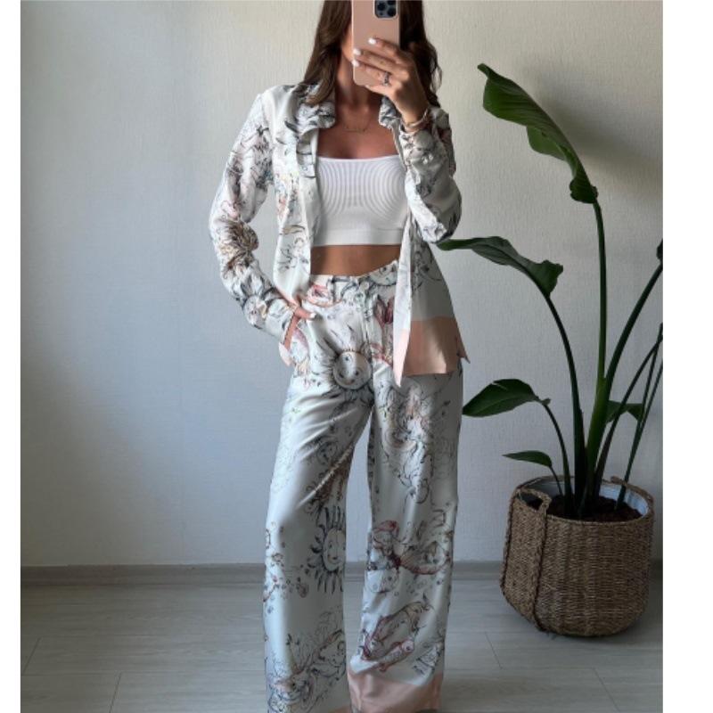 European and American cross-border women's suit 2024 new spring and summer fashion positioning printed long-sleeved top wide-leg pants two-piece set