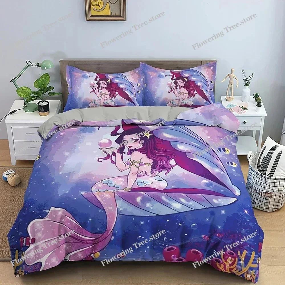 Set copripiumino con motivo a sirena dei cartoni animati, set di biancheria da letto per bambini, decorazione per camera da letto, trapunta, copripiumino, king size, singolo, singolo