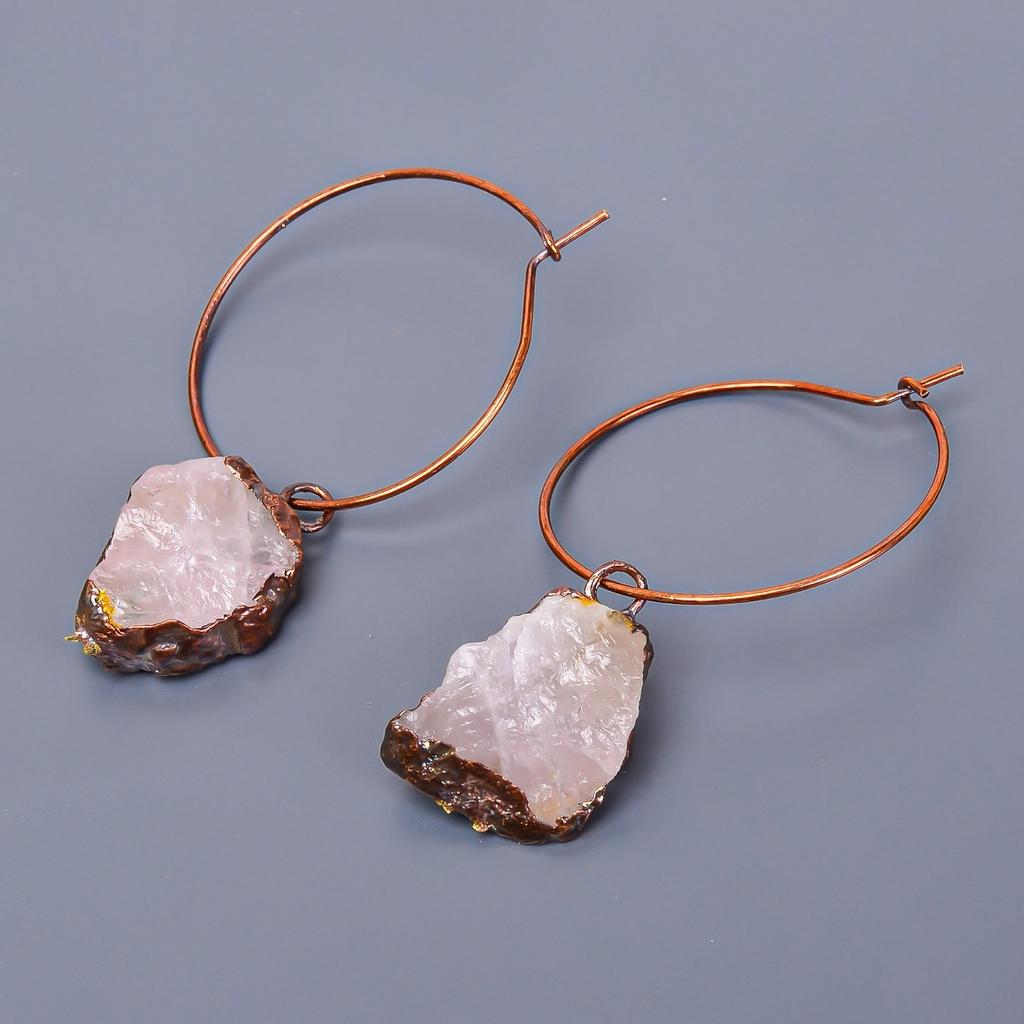 Rose Quartz Rough Stone Friendship Day Hoop Huggie Sisters Gift Earrings Copper V-9