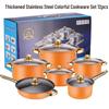 Stainless Steel Non-stick Cookware Set with Gold Handles, 12 PCS - Includes Soup Pot, Frying Pan, Steamer Basket.