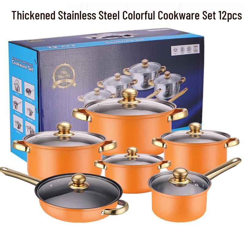 Stainless Steel Non-stick Cookware Set with Gold Handles, 12 PCS - Includes Soup Pot, Frying Pan, Steamer Basket.