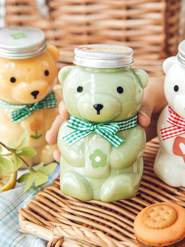 Disposable Drink Bottles Juice Bear Plastic Cup Cute Bear Juice Drink Milk Tea Beverage Storage Bottles With Lid Sealed Bottle