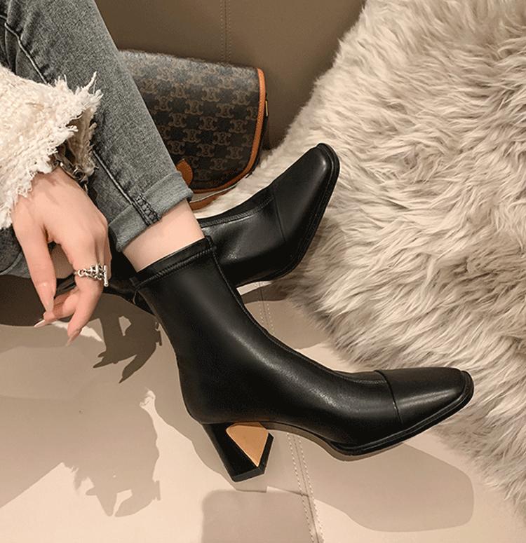 Square Head Splicing Thick Heel And Ankle Boots Temperament High Heel Elastic Short Boots Women'S Versatile Comfortable Soft Skin Thin Boots
