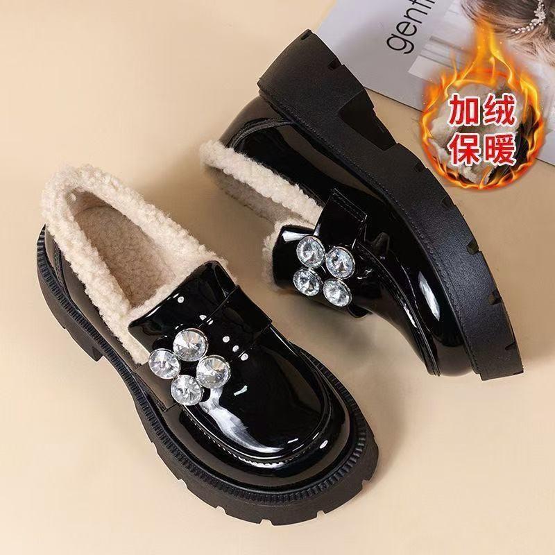 Thick-soled velvet loafers keep warm in winter, one-pedal small leather shoes, new soft-soled comfortable women's single shoes