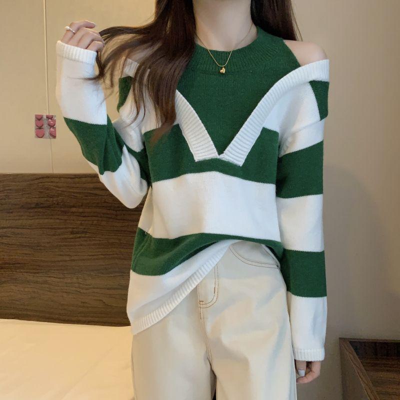 Spring Autumn Loose Stripe Sweater Women Off Shoulder Design Fake Two Piece Pullover Knit Base Layer