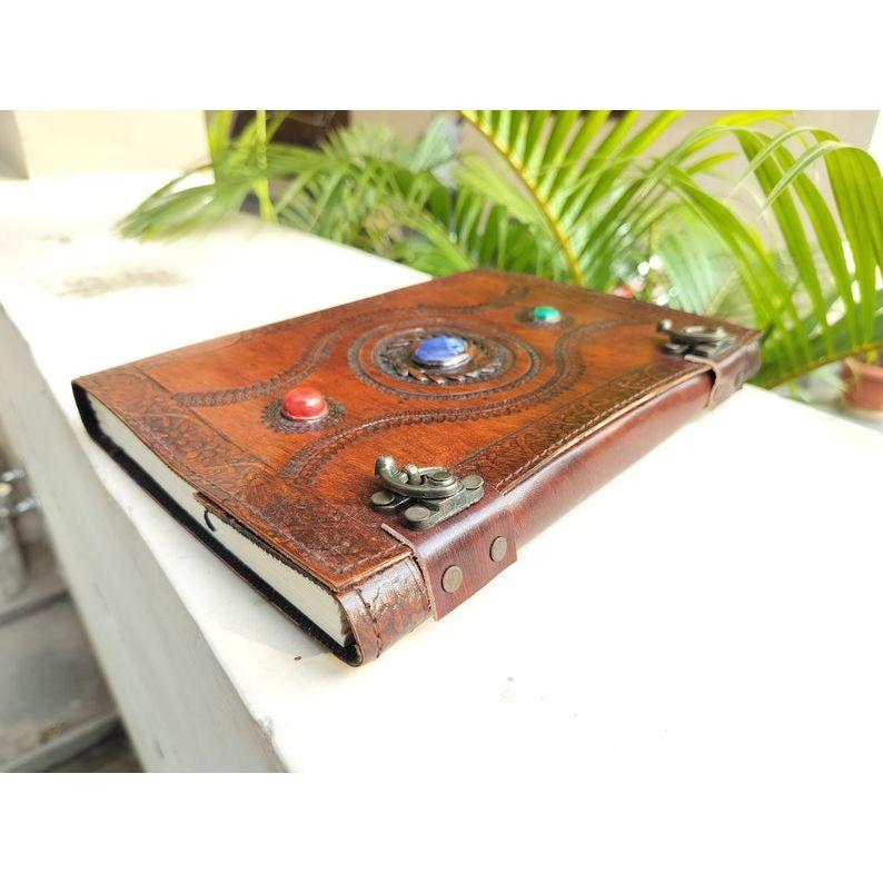 Handcrafted Leather Grimoire Journal: Custom Three Stone Design, Ideal Gift