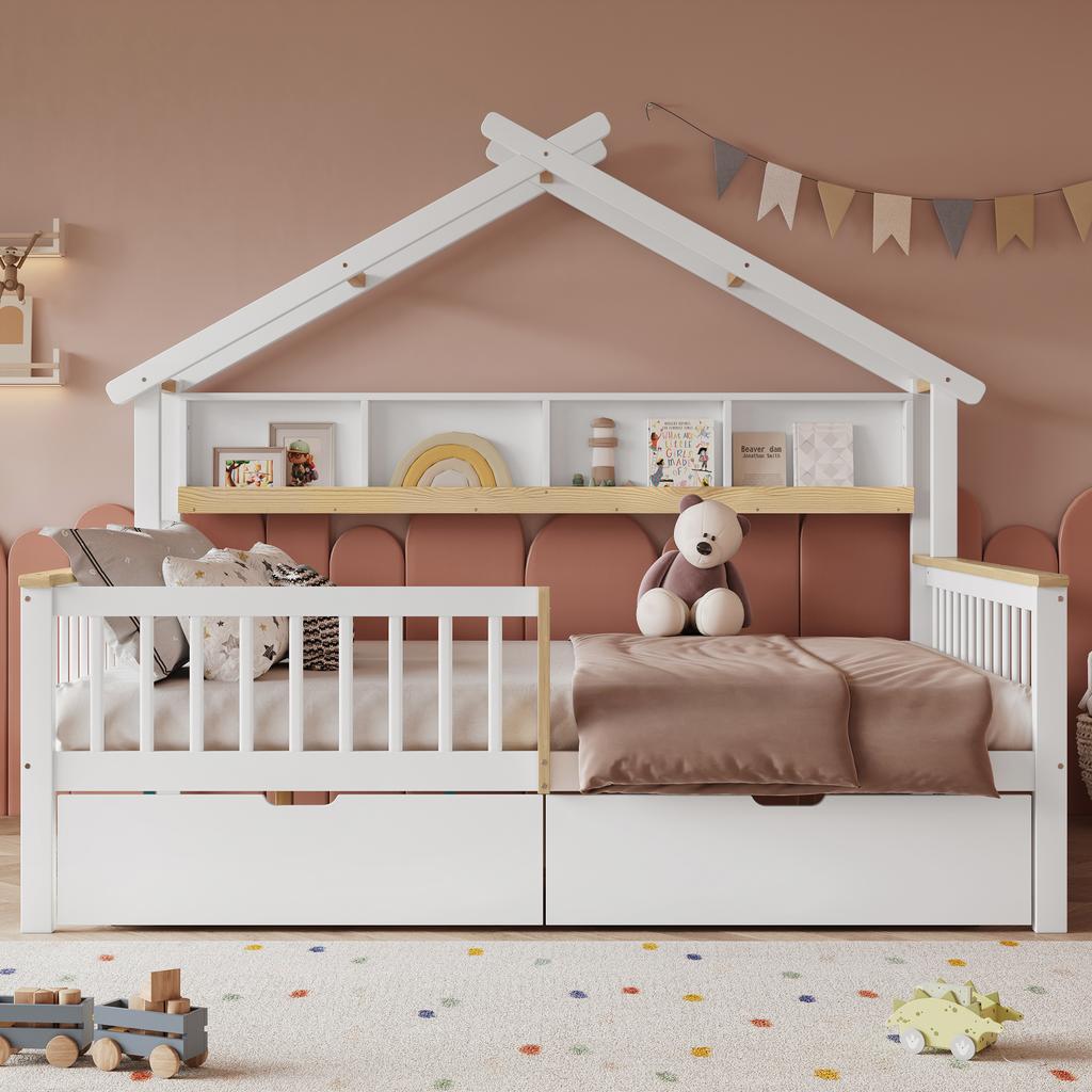 Çocuk Yatağı, Düşme Koruması ve Kenarlığı ile, Eşsiz Çatı Tasarımı, 2 m Depolama Rafı, Tekerlekli İki Çekmece, Çam+MDF, Beyaz+Doğal, 140x200cm
