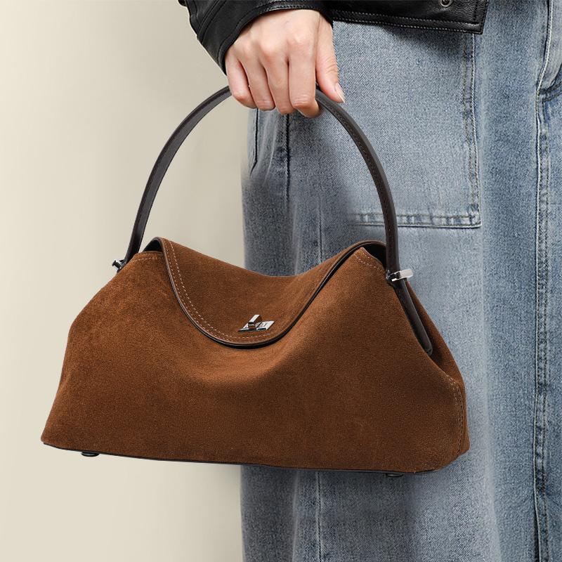 Brown Suede-Finish Cowhide Handbag – Minimalist, Lightweight, and Elegant Shoulder Bag for Women