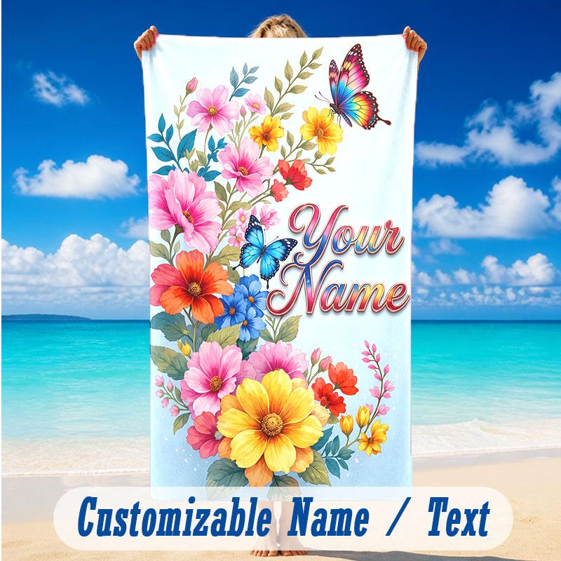 Butterfly Theme Beach Towel Personalized Custom Name & Text Soft Quick Dry Beach Towel for Swimming Travel