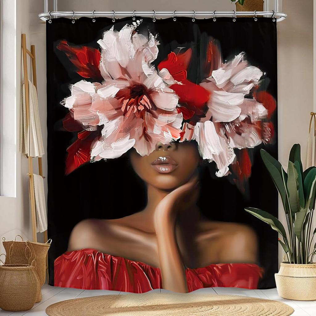 African American Olive Green Shower Curtain Black Girl Flower Oil Painting Art Bathroom Accessories Decoration with 12 Hooks