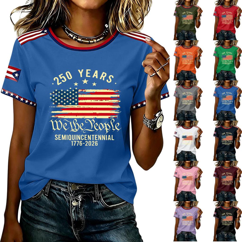 Womens Short Sleeve Crew Neck T Shirt Semiquincentennial 250 Years We the Flag Print Casual Top