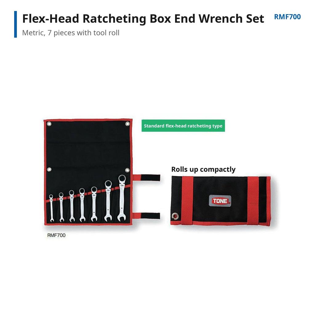 TONE RMF700 Swivel Ratchet Combination Wrench Set, Black, 7-piece set