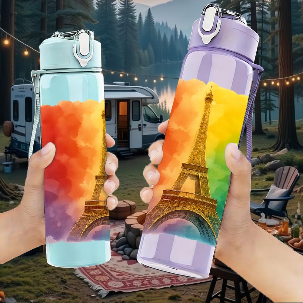 1PC Rainbow Eiffel Tower 750ml Color Plastic Sports Water Bottle Leakproof Flip Straw Lid Suitable for Sports Office Home Use