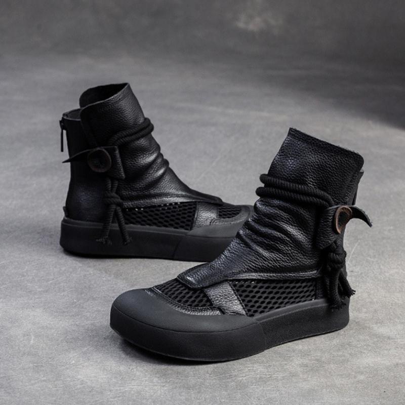 Johnature Hohle, atmungsaktive Retro-Sommerstiefel aus echtem Leder mit Reißverschluss hinten und römischen Sandalen mit dicker Sohle für Damen