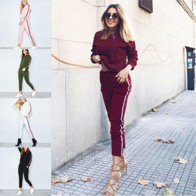 Women's 2 Pcs/set Tracksuits Comfy Striped Loungewear With O-neck And Drawstring
