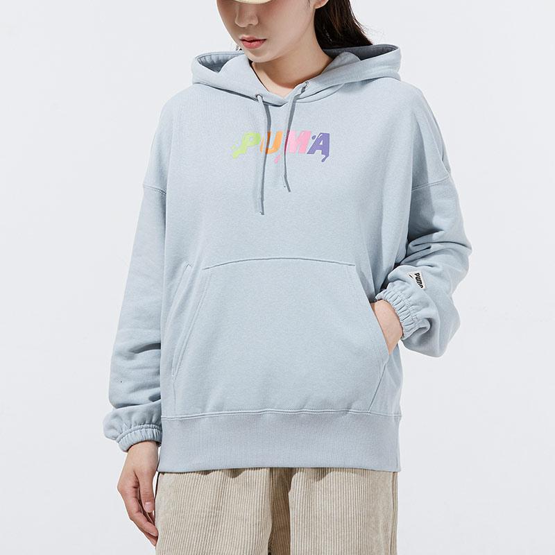 Puma Downtown Logo Print Hoodie Women Tops Blue 533049-71