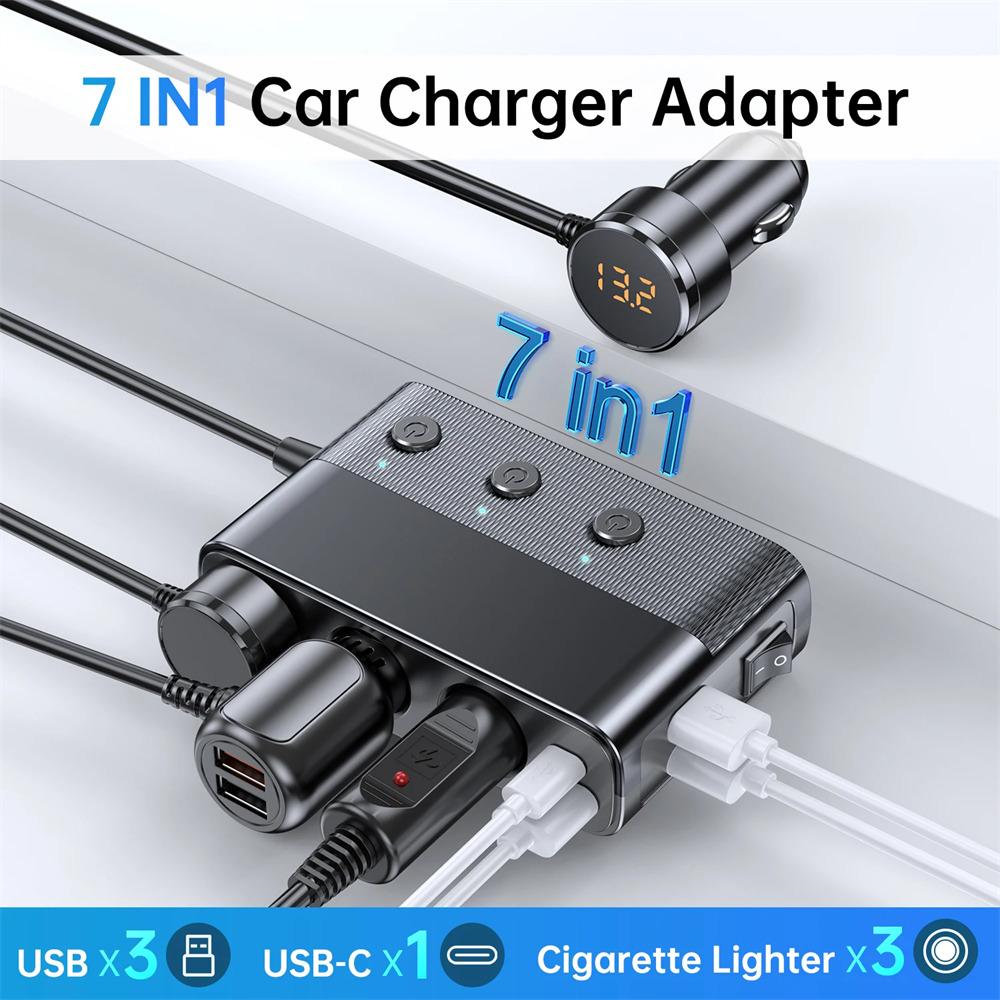 7 In-1 128W Car Charger Adapter PD30W QC3.0 with Switch Cigarette Lighter Splitter Socket 12V/24V Fast Charging Adapter