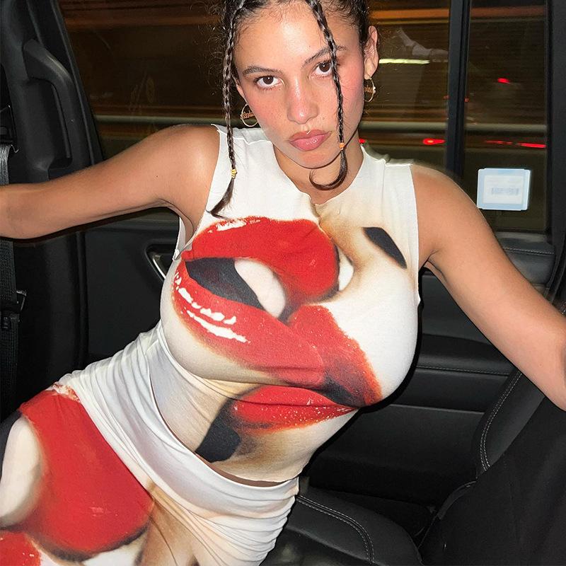 Ästhetische Lippen Drucken Sexy Zwei Stück Set Frauen Oansatz Ärmelloses Tank Top + low Rise Maxi Rock Sets Y2k Streetwear