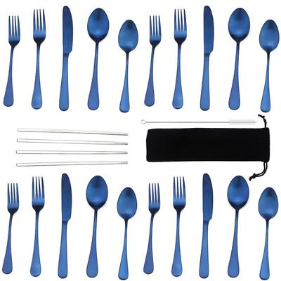 20 unids/lote juego de cubiertos de arcoíris, cubiertos de acero inoxidable plateado, vajilla, cuchillo para servir negro y azul, tenedor de postre con pajitas