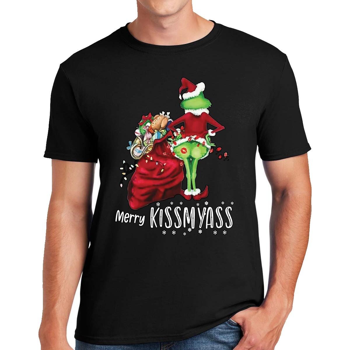 Merry kissmyass Christmas T-shirt Xmas Santa Mens Funny Gift Present Tshirt Tee L