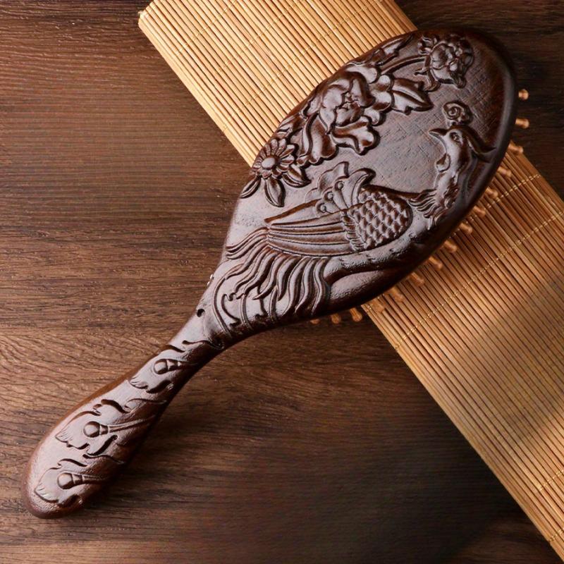1pc Sandalwood Hand Carved Air Cushion Comb with Bamboo Teeth, Oval Scalp Massage Brush for All Hair Types, Wooden Hair Styling
