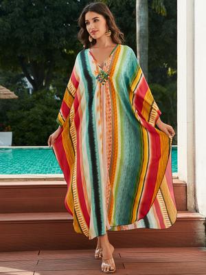 Beach Cover Up Geometric Printed Kaftans for Women Viscose Handmade Waved Maxi Dresses Summer Holiday Bathing Suits