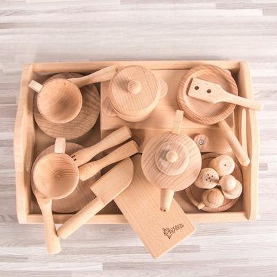 Children's Simulation Log Color Western-style Kitchen Utensils Tableware Set Playing House Pots and Pans Cutting Music Wooden Educational Toys