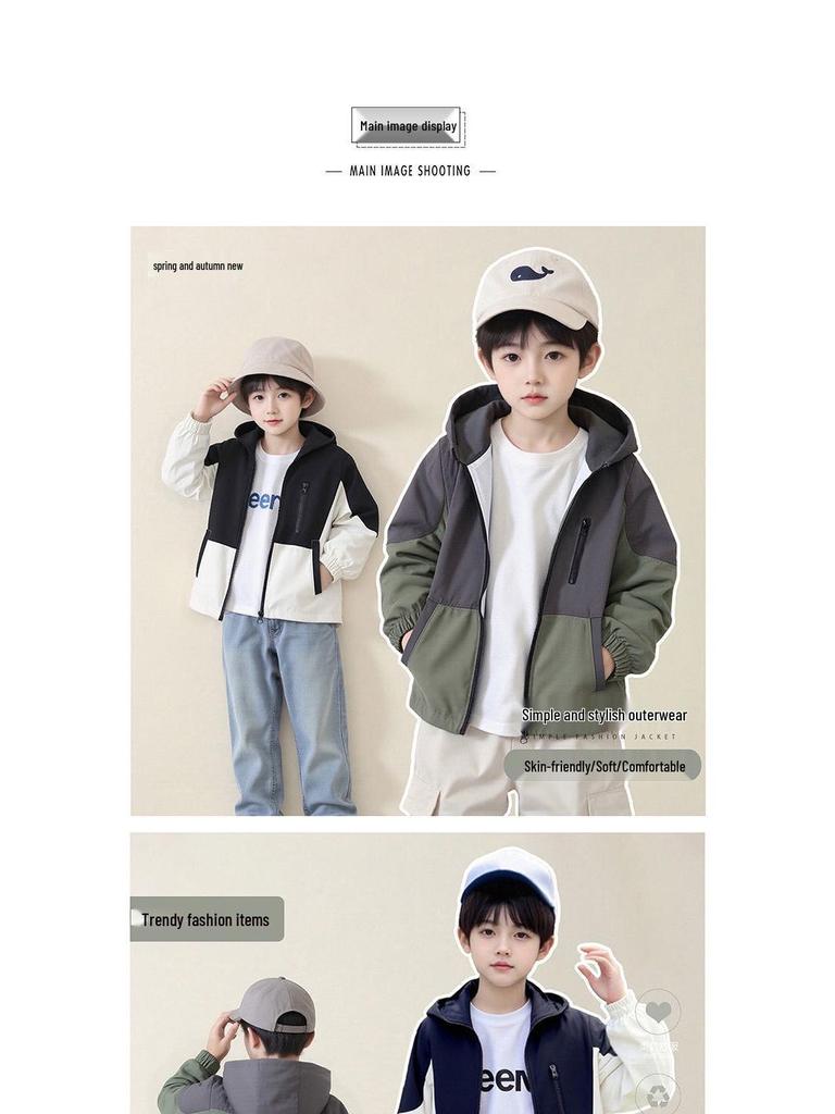 Kids' Color Block Hooded Windbreaker - Spring/Autumn 2025 Boys' Long Sleeve Jacket