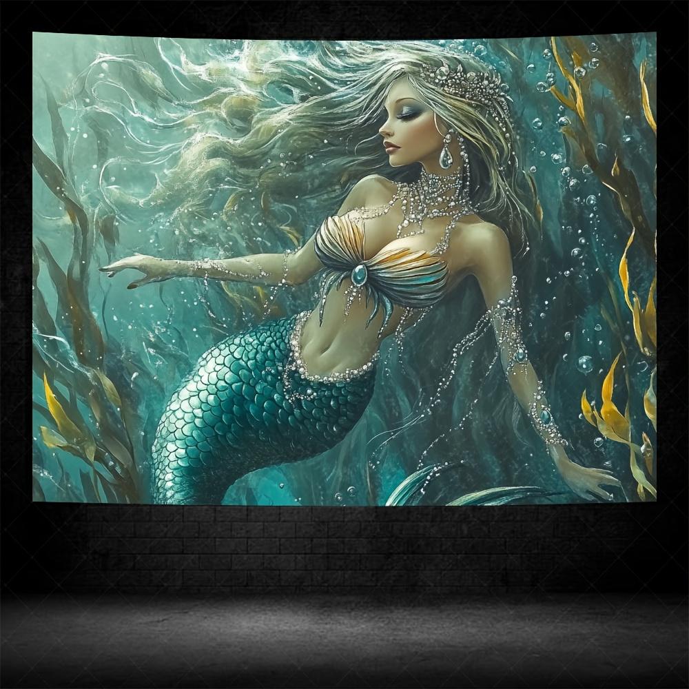 Enchanting Mermaid Tapestry  Ethereal Underwater Scene with Seaweed Bubbles  Detailed Scales for OceanThemed Home Decor 74x94cm(29x37in)