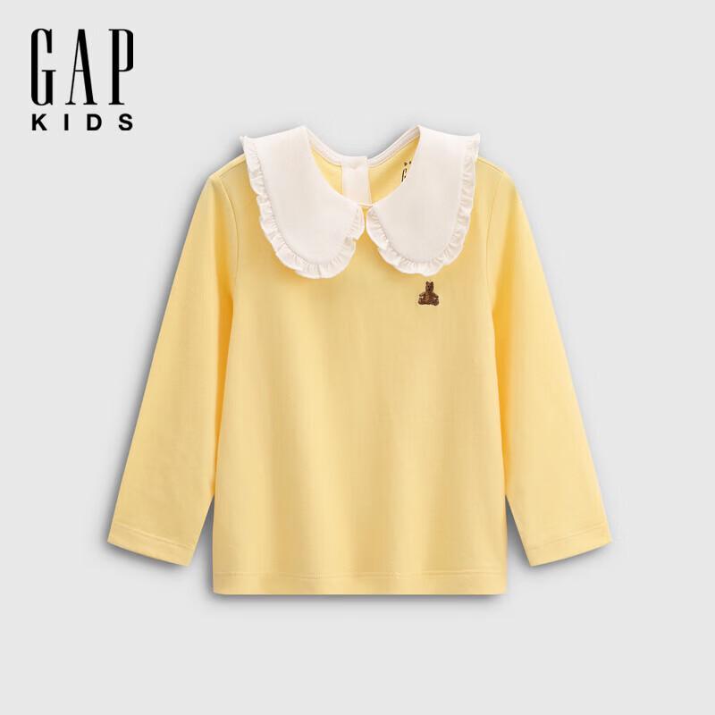Gap Toddler Girls  Bear Embroidered Peter Pan Collar Long Sleeve Cotton T-Shirt 110/56