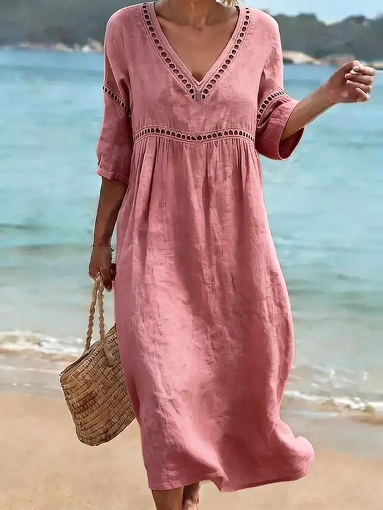 2026 European and American spring and summer new elegant casual V-neck solid color medium-sleeved women's dress