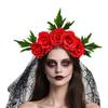 Halloween Gothic Lace Veil Headband With Red Roses Cosplay Hairband For Women Kids Costume Party Accessories