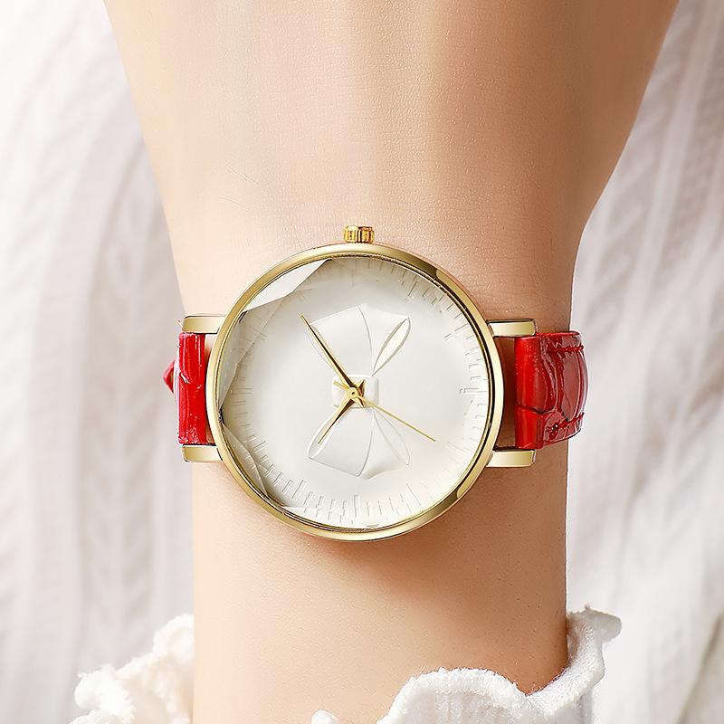 Bow Dial Module Watch Leather Band Simple Casual Quartz Dress Wristwatch