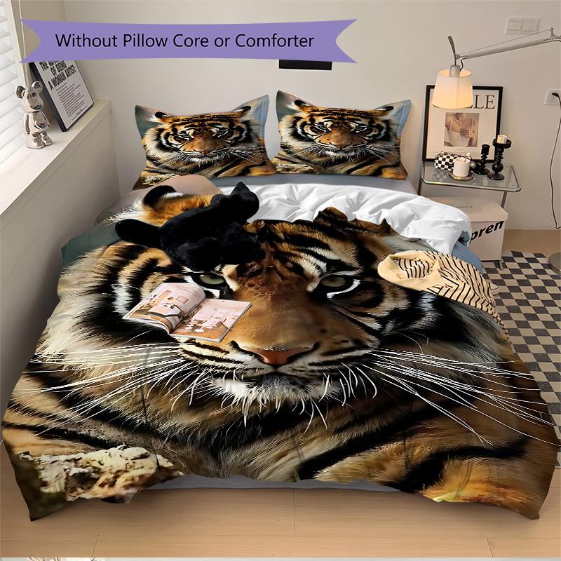 3PCs Tiger Print Design Cover Set, Breathable Fabric, Machine Washable (1 Duvet Cover + 2 Pillowcases) (Without Quilt) yy250911088