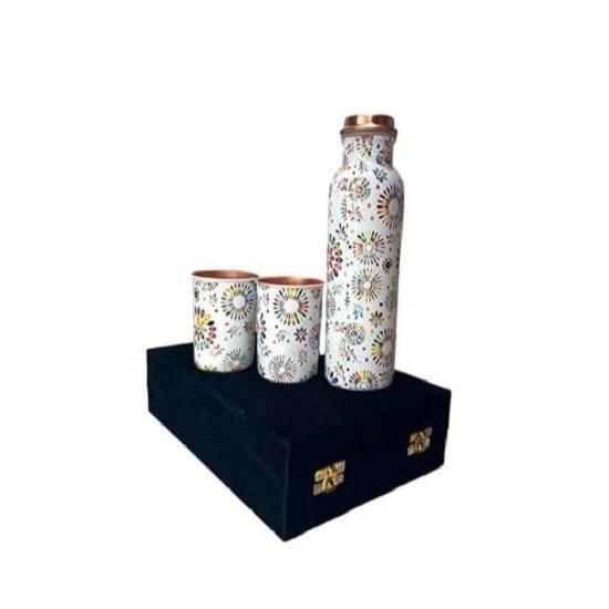 Copper Water Bottle 1 Ltr Copper Water Bottle with Glass Set | Meena Work | 100% Pure | Leak-Proof | 2 Water Glass 300ml Each