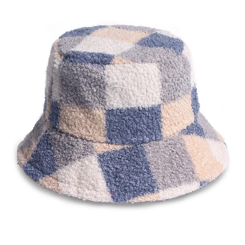 Autumn Adult Bucket Hat Autumn and Winter Women's Japanese Lamb Wool Plaid Basin Hat Travel Warm Plush Hat Tide