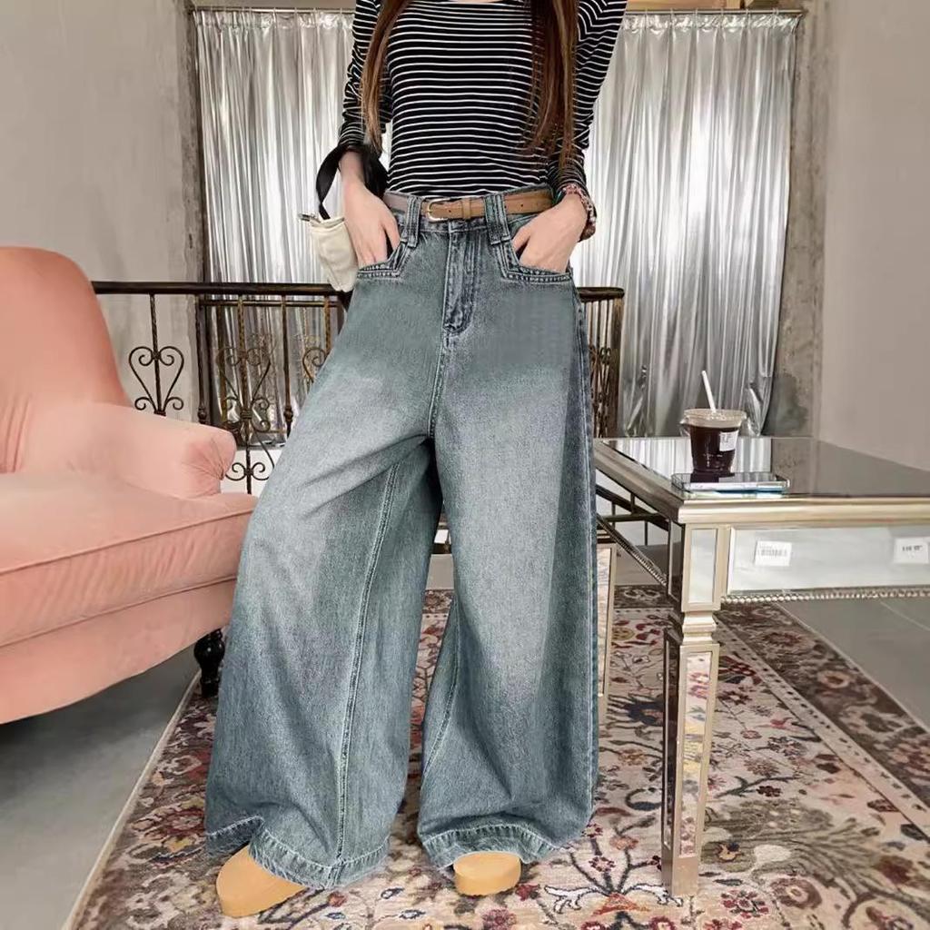 Women's High-Waisted Wide-Leg Denim Pants, Autumn/Winter 2024 Collection - Slim, Loose, Draped, Straight-Leg Design for Small Sizes.