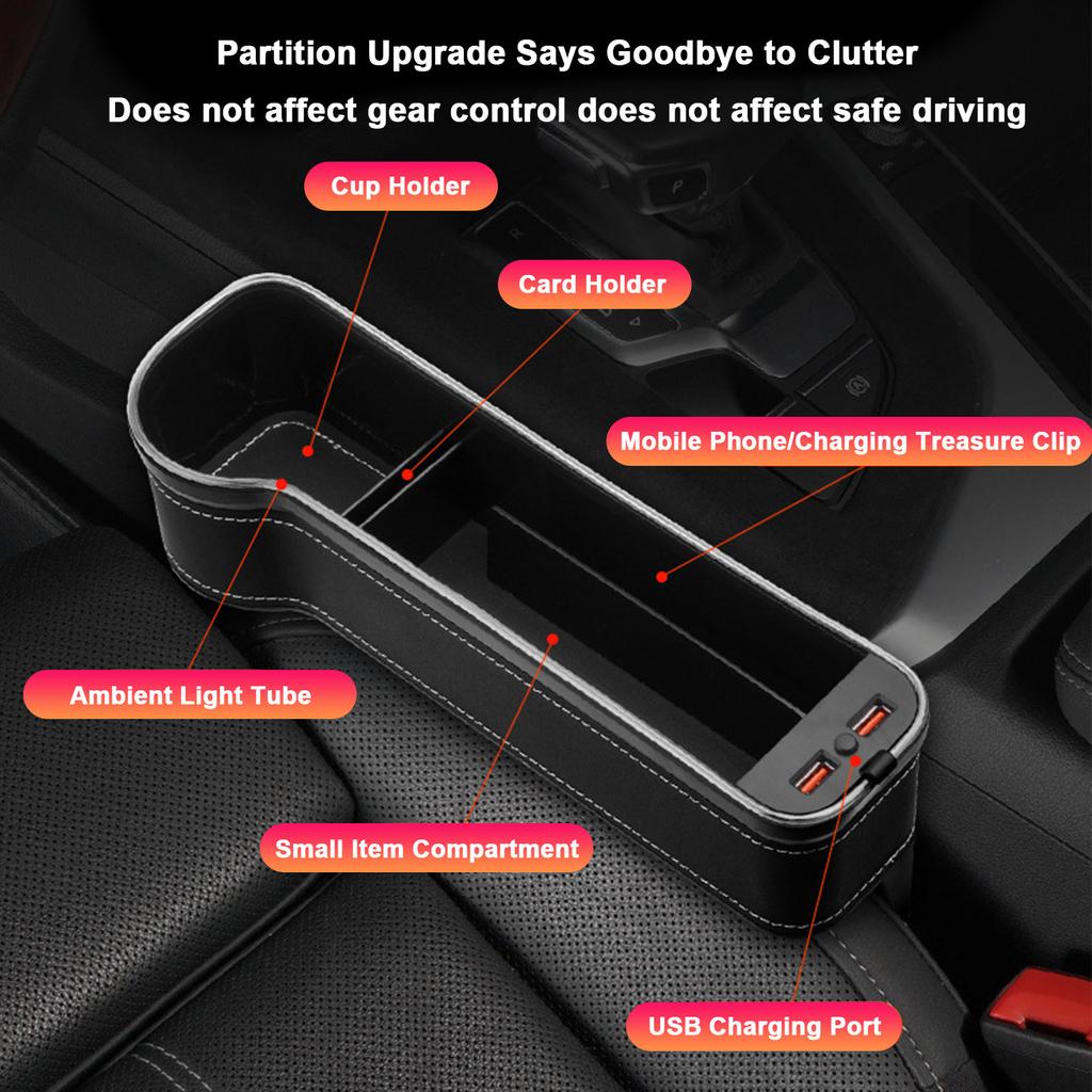 Car Seat Organizer Front Seat Auto Console Side Car Organizer With Partition Design Double USB Ports Microfiber Leather Car Gap