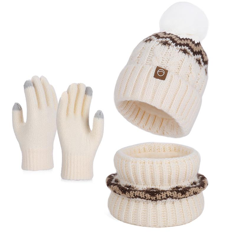 Winter hat, scarf, gloves, three-piece set, outdoor cold-proof and warm pullover hat, fleece ear protector, knitted wool hat for women